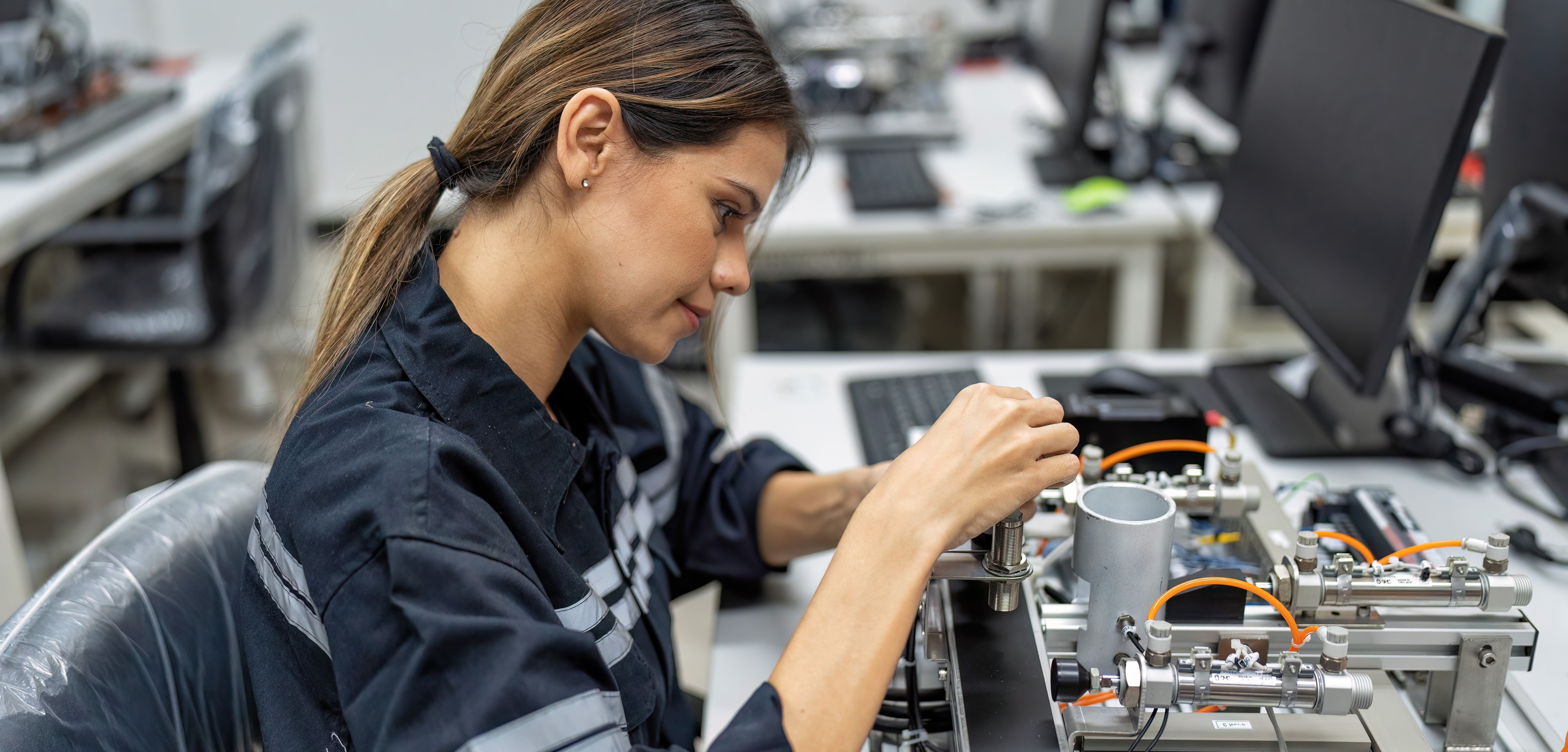 Young woman working at robot factory